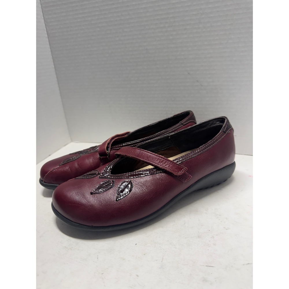 Naot Burgundy Leather Leaf Applique Mary Jane Flats Shoes Womens 40 EU 9 US